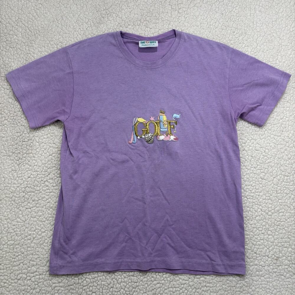 Vintage Golf Shirt Womens M Embroidered‎ Golf Bag Balls Clubs Purple Pink Gold